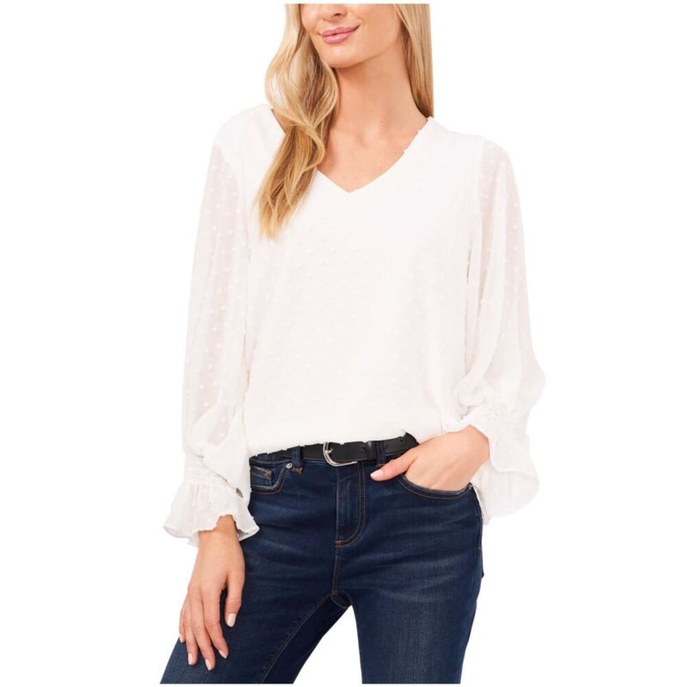 Vince Camuto Womens Clip Dot Smocked Cuff Ruffled Blouse, , S, DM